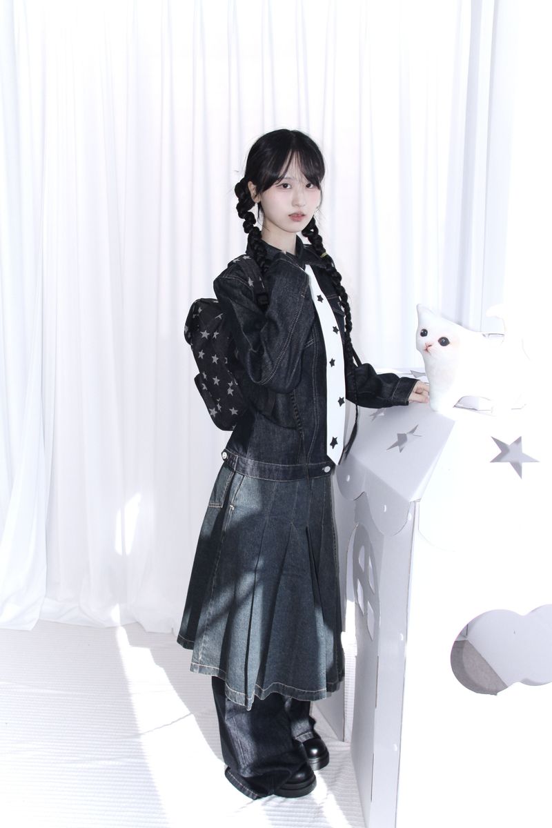 star pattern denim pocket backpack