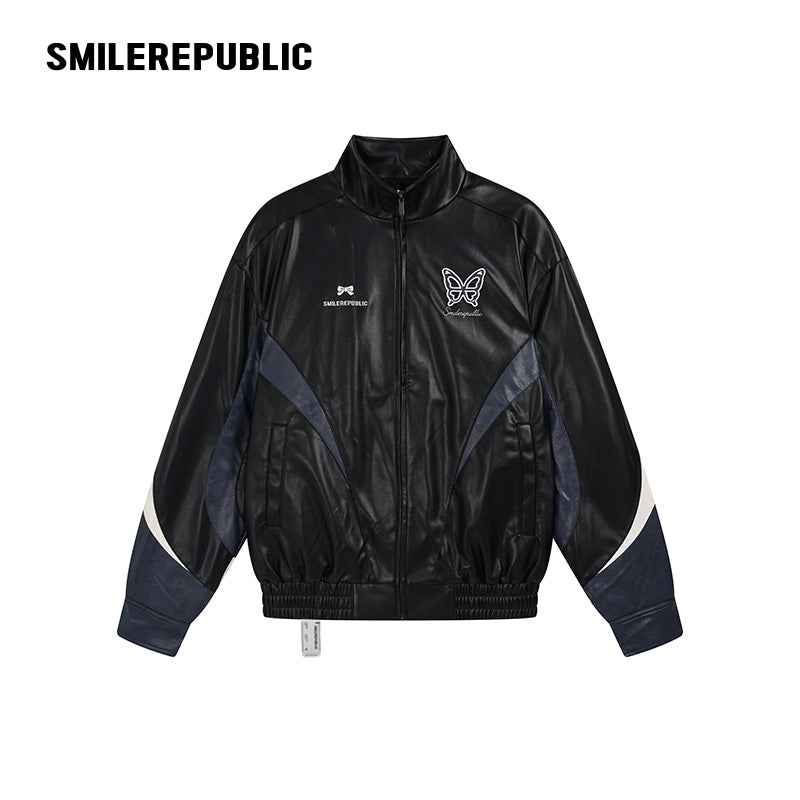 SMILEREPUBLIC（スマイルリパブリック）の「Black Navy and White PU Coated Faux Leather Color Block Butterfly Graphic Stand Collar Zip Jacket（Jackets/Outerwear）」