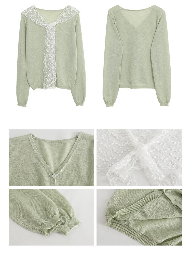 Mint green lace thin V-neck knitwear