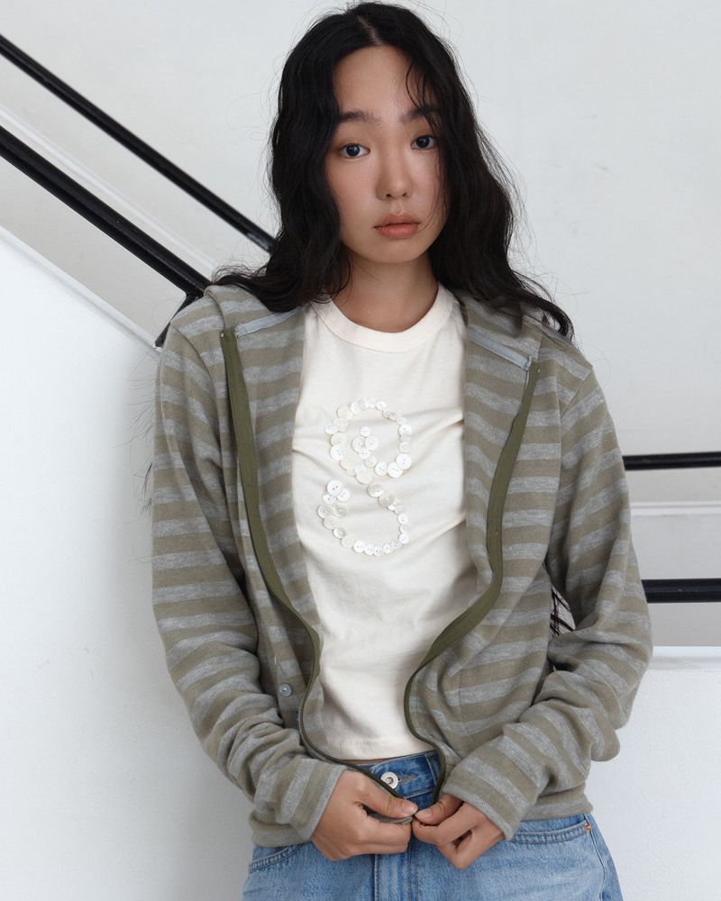 PARAKEET（パラキート）の「Stripe Button Knit Hooded Zip-Up（Tops）」