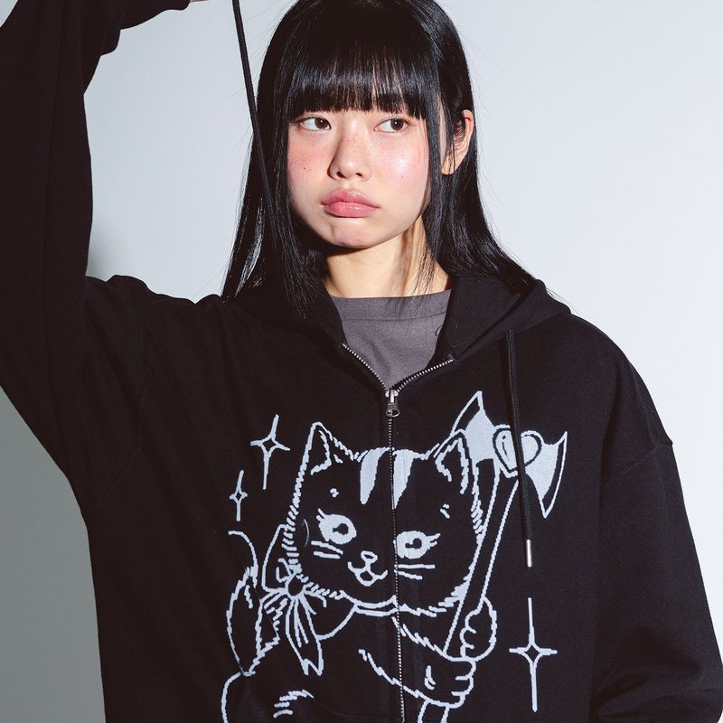 NEWKITSCH(ニューキッチジェネレーション)の「KILLING TIME CAT HOOD ZIP-UP (BLACK)(Tops)」