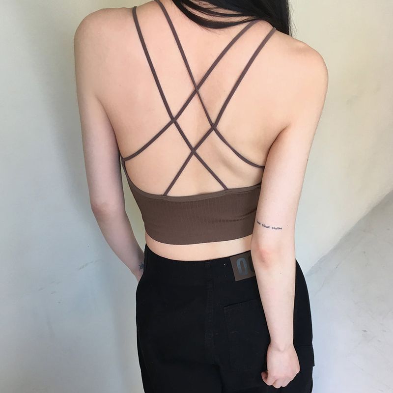 [Cap built-in] Hiret two-line back strap point ribbed string tank top sleeveless