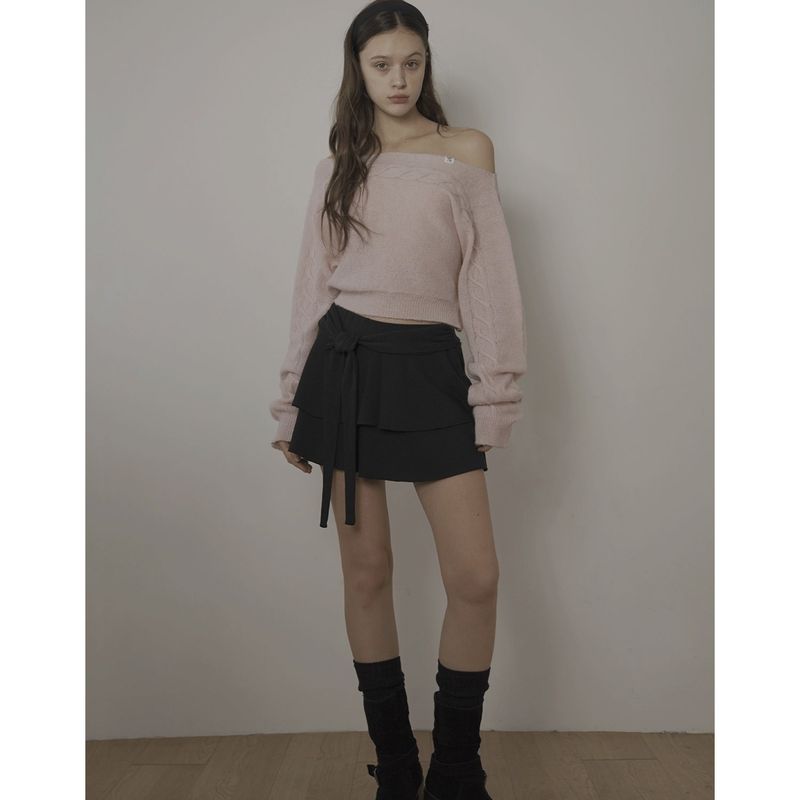 CABLE BOAT NECK KNIT-PINK