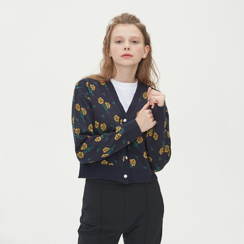 FLOWER JAQUARD KNIT CARDIGAN_NAVY