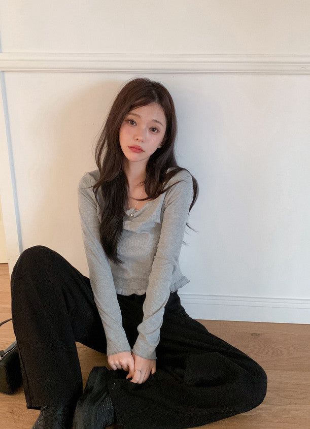 Lua Shirring Lace Frill Rib T-Shirt (4color)