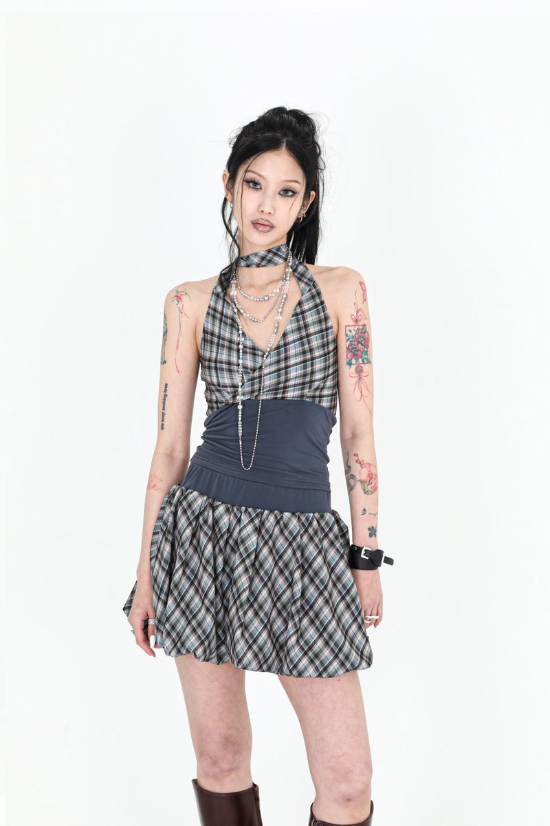MINT CHECK HALTER TOP