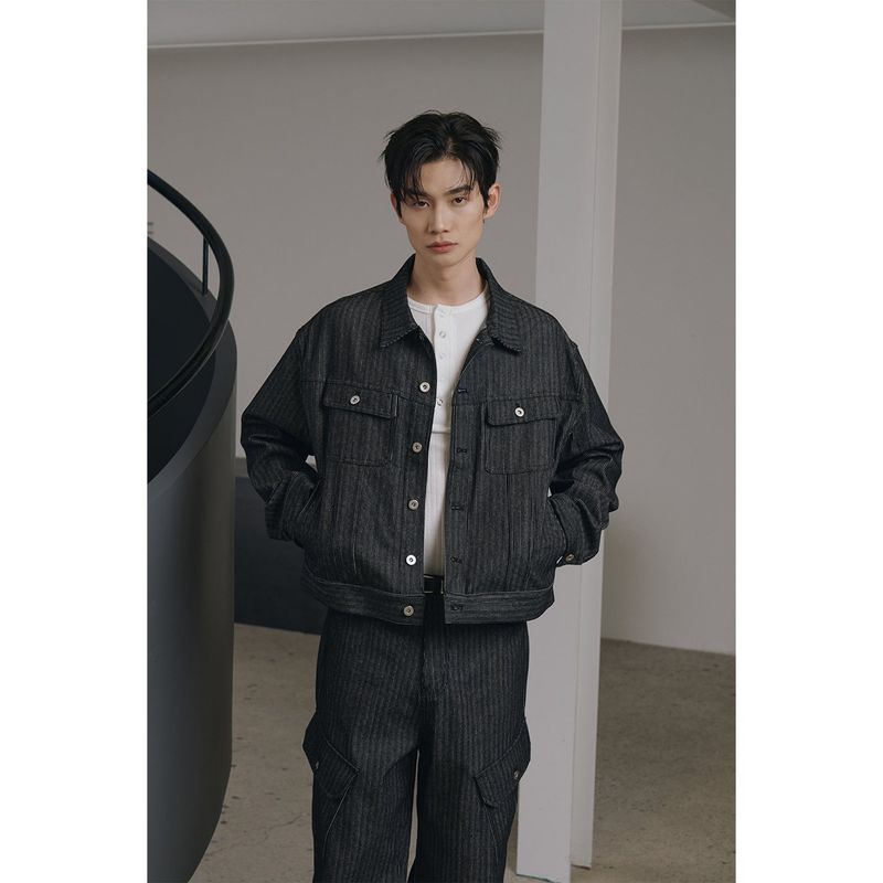 Stripe corduroy trucker denim jacket(Black)