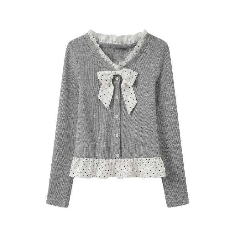 Cozy&Kitsch（コージーアンドキッチ）の「Dot Ribbon Contrast Knit Cardigan 233194462（Tops）」