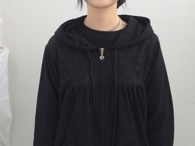 Flower Lace Half-Shirring Hooded Zip-Up