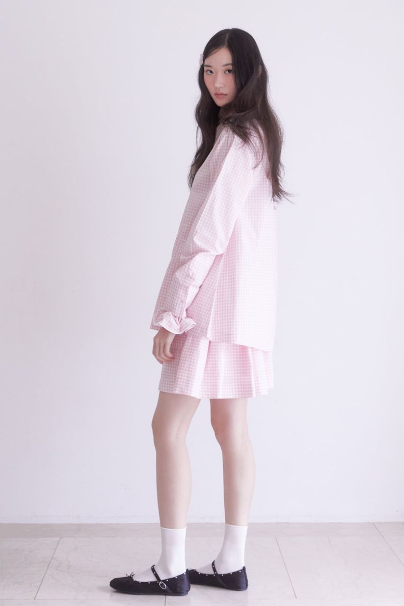 Gingham check pocket shirring mini skirt (PINK)