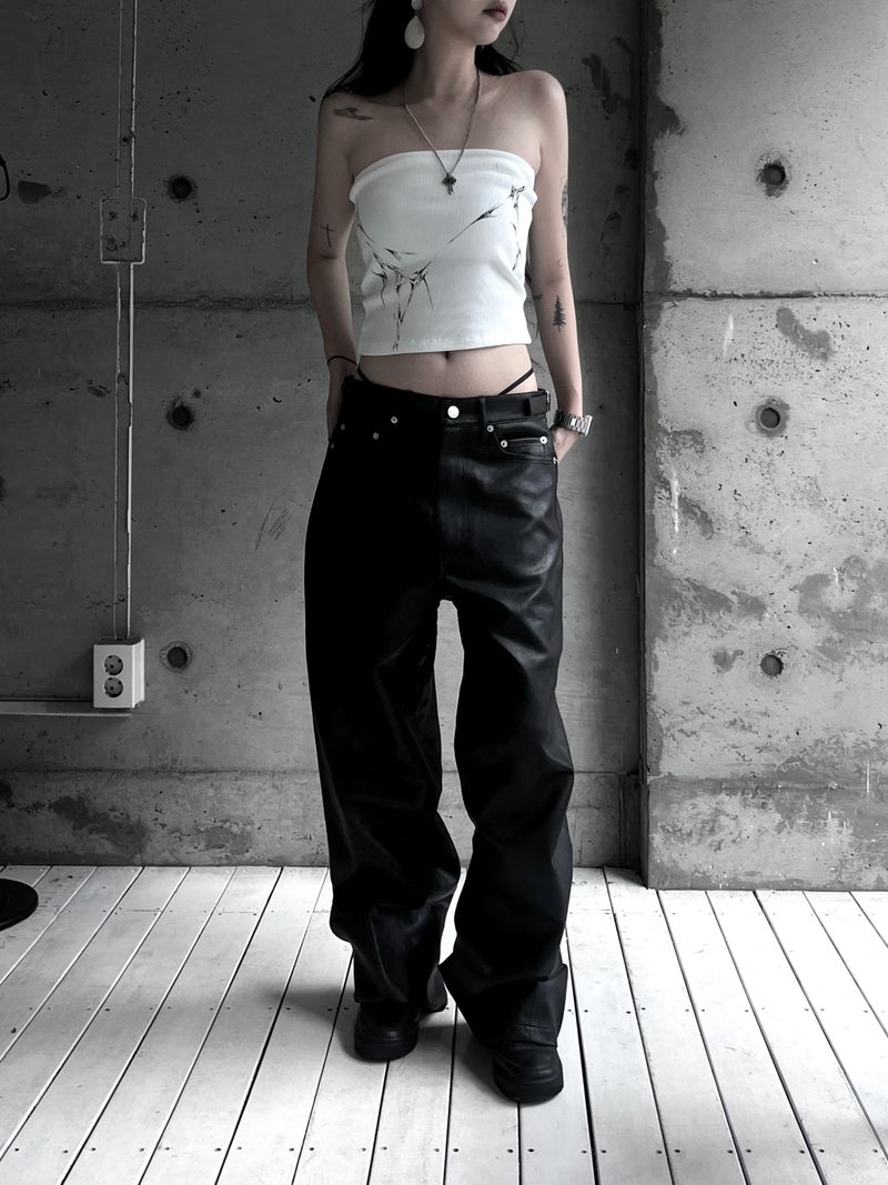 [unisex] side buckle leather wide pants