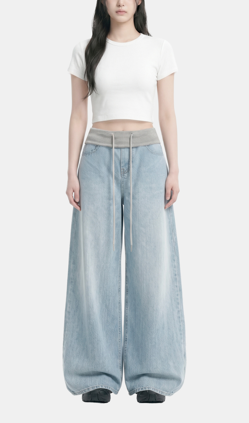 Rina Drawstring Wide Denim Pants
