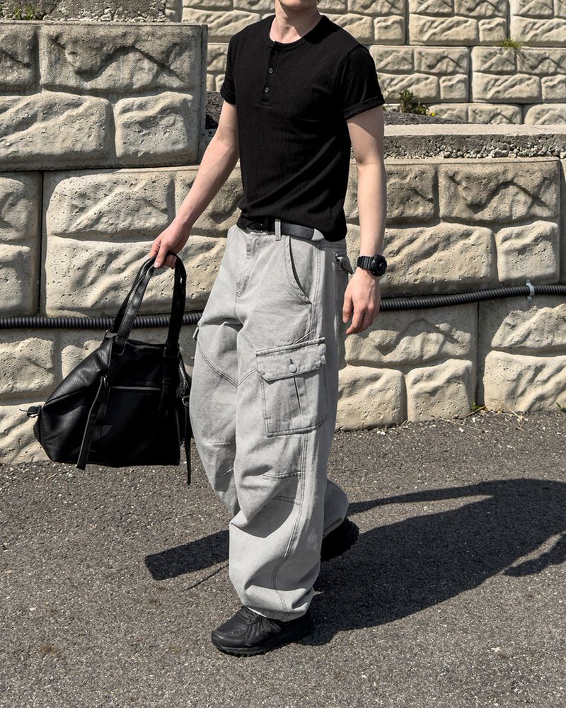Bion Gray Wash Cargo Denim Pants
