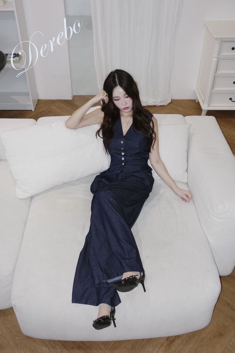 Dark blue denim vest pants two-piece