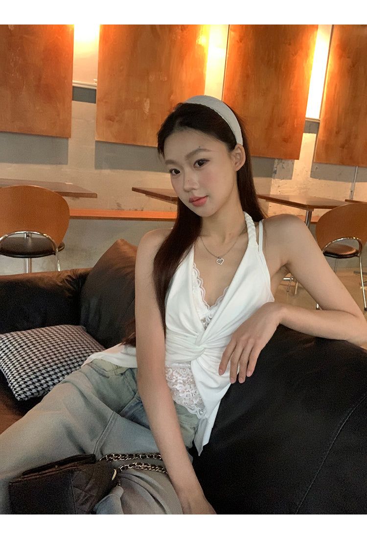 Twisted halter lace V-neck sleeveless top