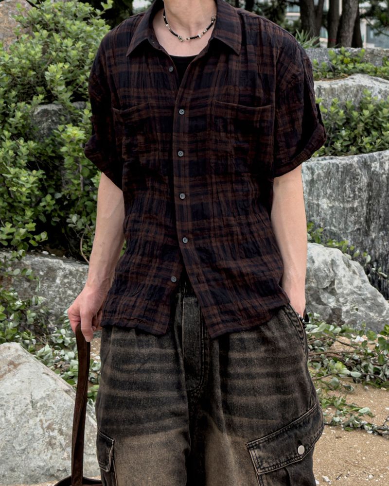 Embossed Texture Check Roll-Up Shirt