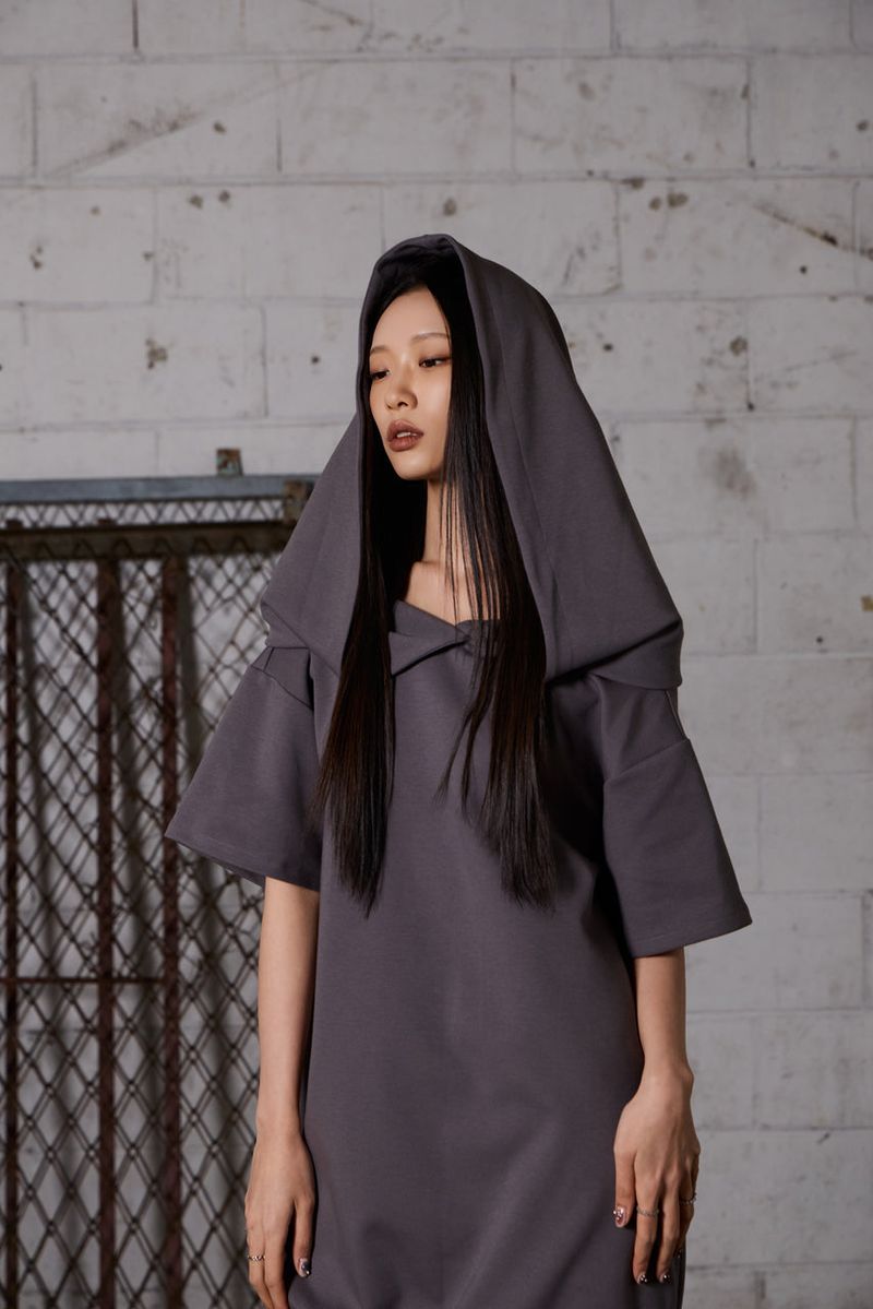2Way Big Hood Off-Shoulder Mini Dress - Charcoal