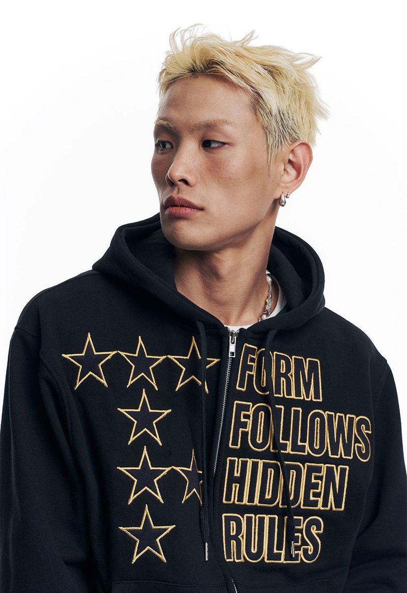 Star Lettering Patch Hoodie Zip-Up - Black