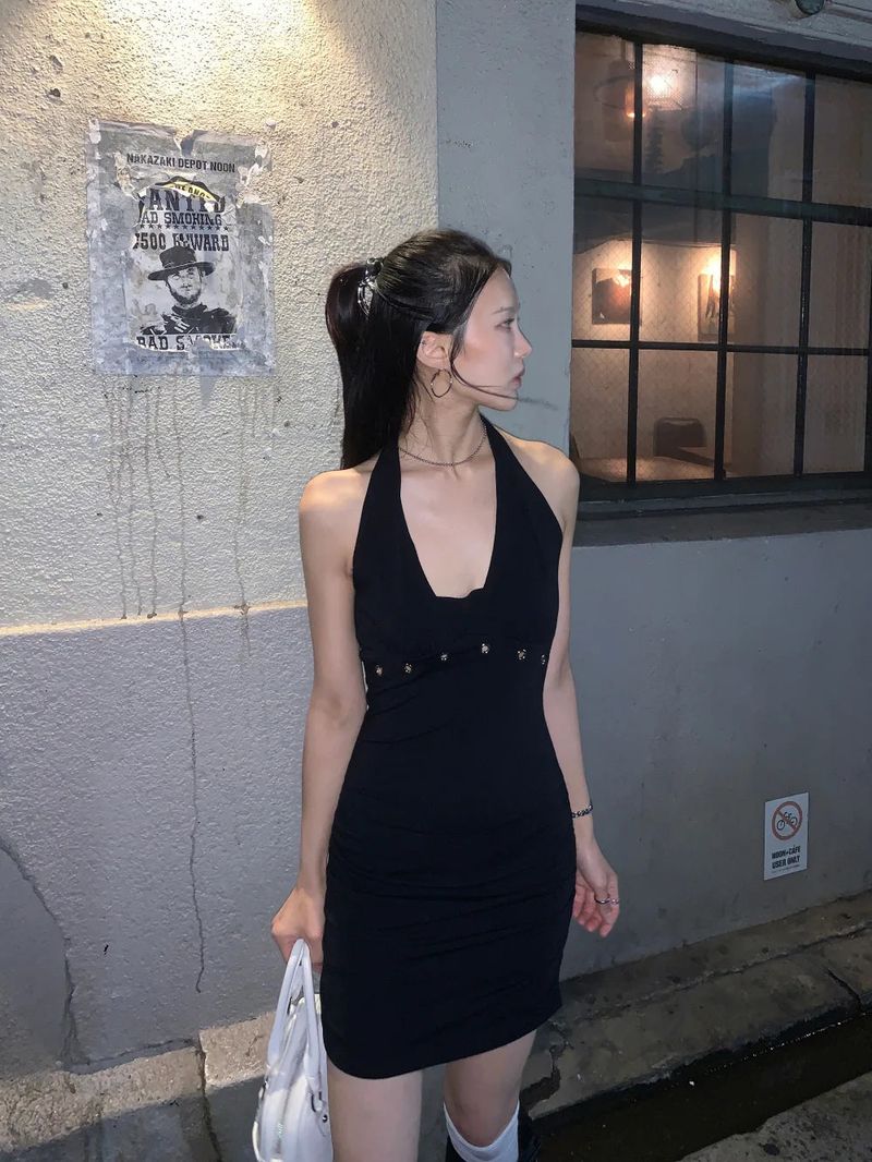 After Eyelet Halter Shirring Mini Dress 