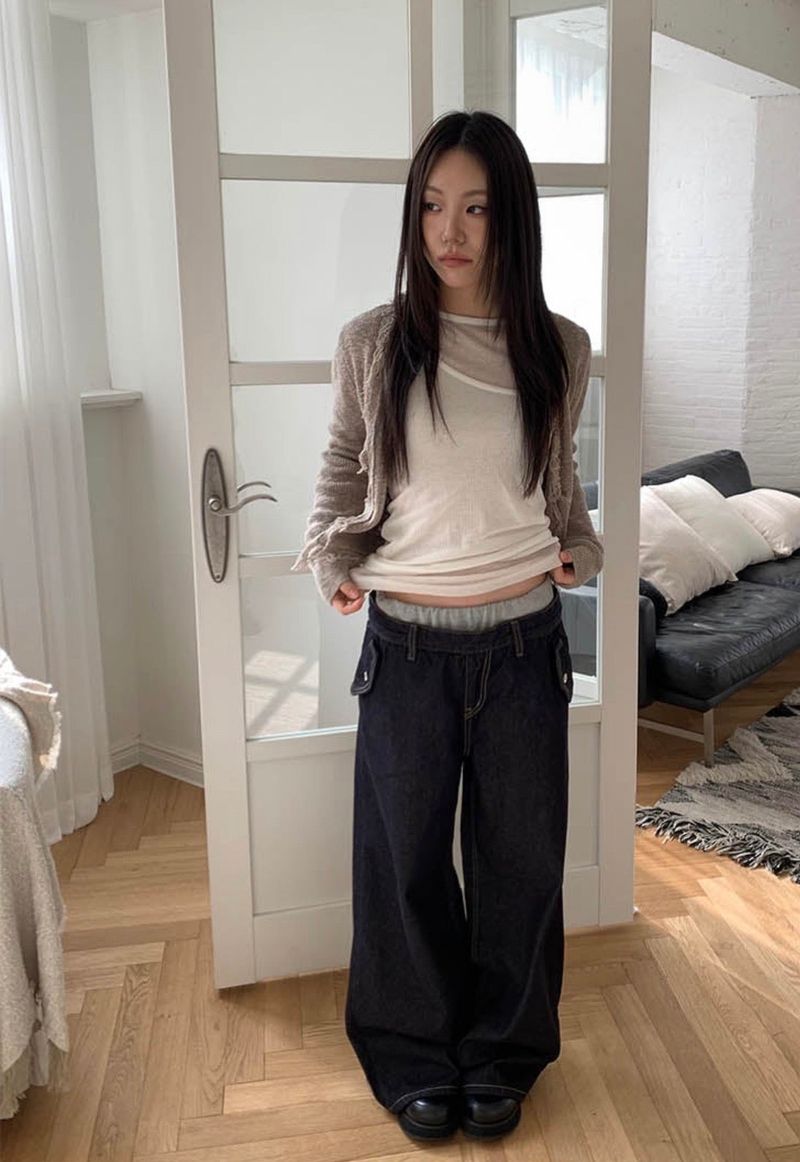 Layered banding denim pants