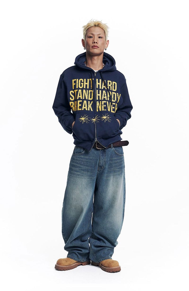 Stripe Lettering Denim Pants - Medium Blue