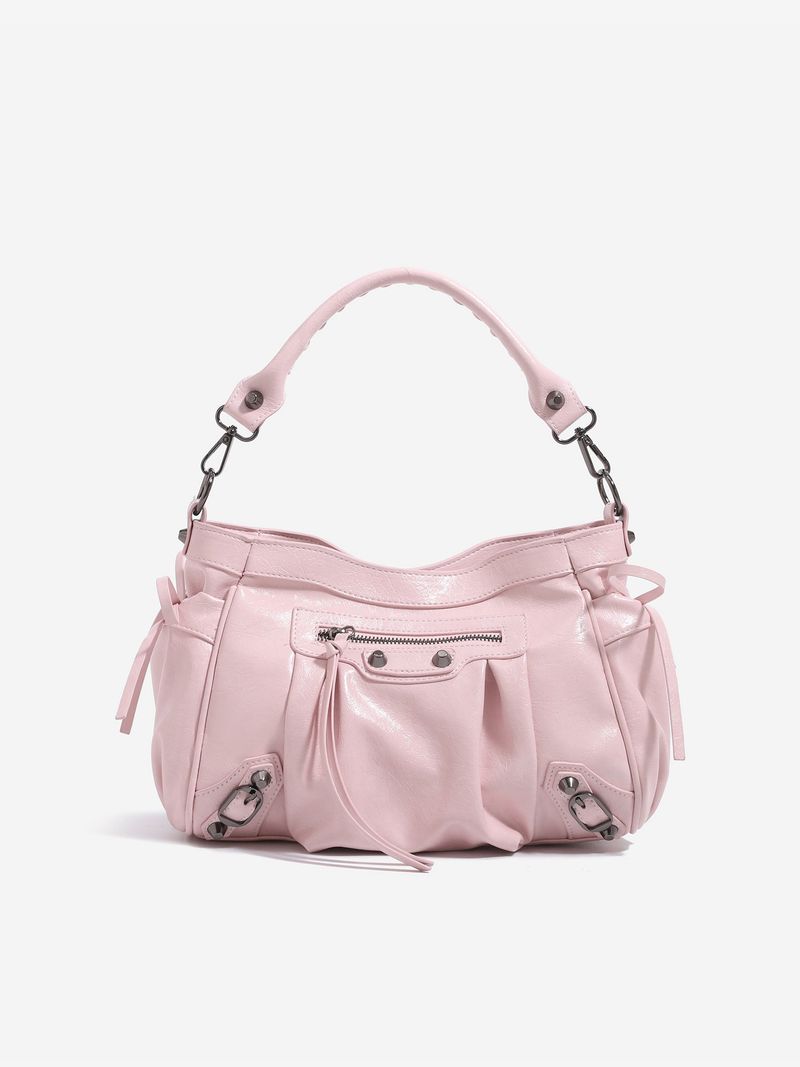 Pink Studded Biker Shoulder Bag with Multiple Pockets