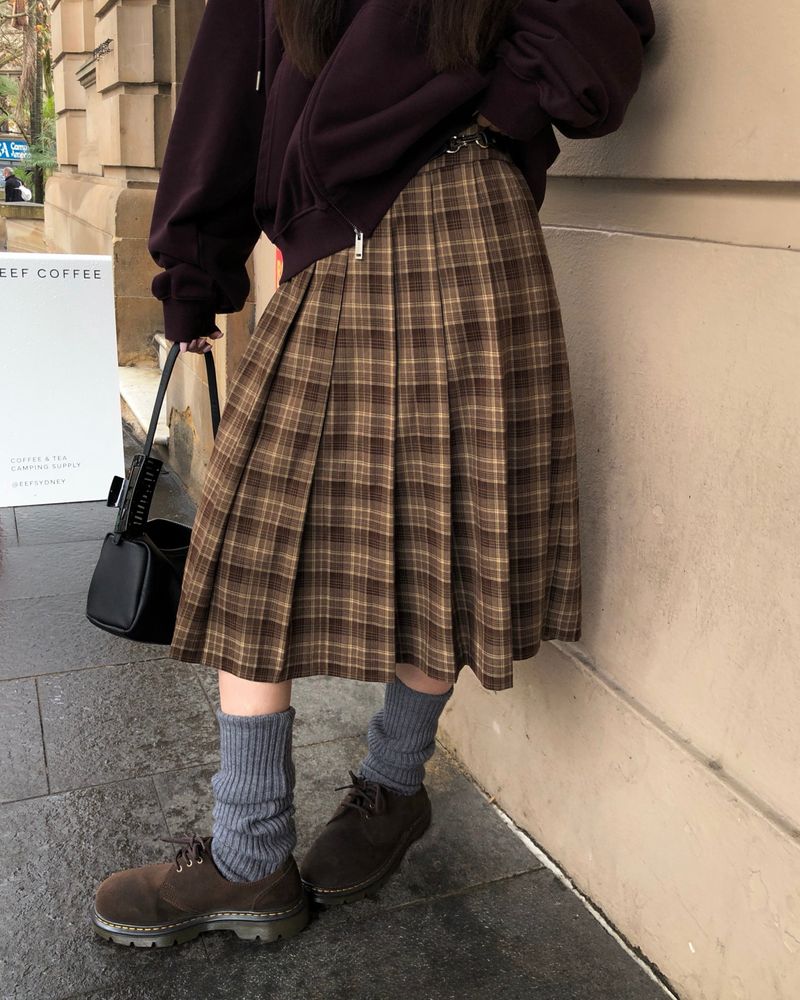 [ORIGINAL] Buckle Check Midi Pleated Skirt