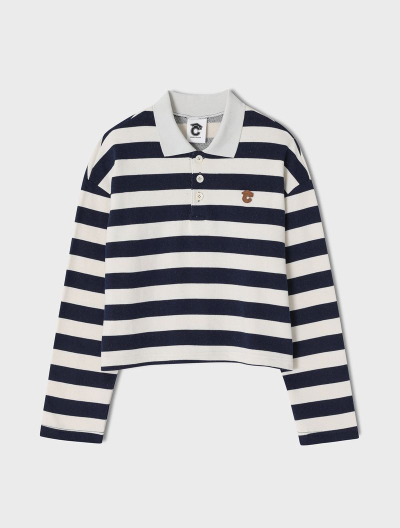 CONCEPT COLLEGE（コンセプトカレッジ）の「Stripe Rugby Sweat Cropped Collar T-shirt / Navy-Ivory [Women]（Tops）」