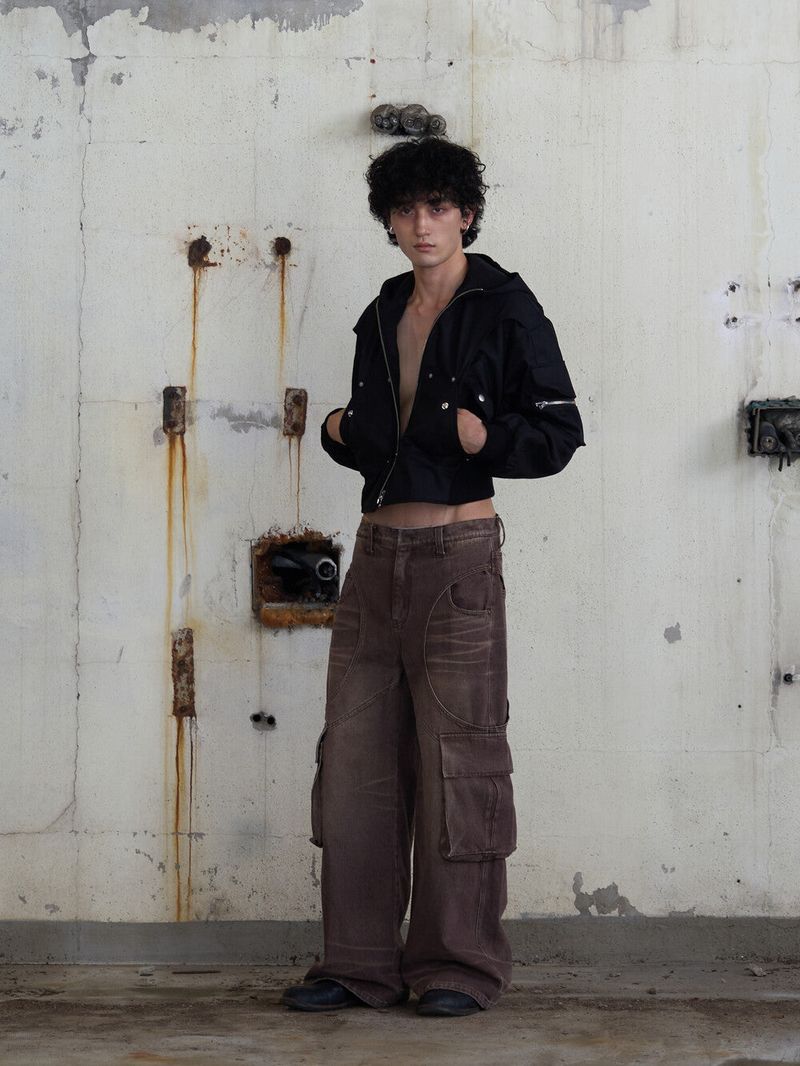 Circle Washing Denim Cargo Pants (Brown)
