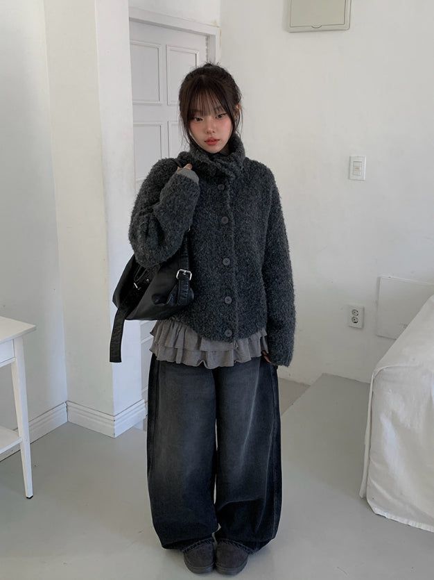 Pure High Neck Collar Button Knit Cardigan