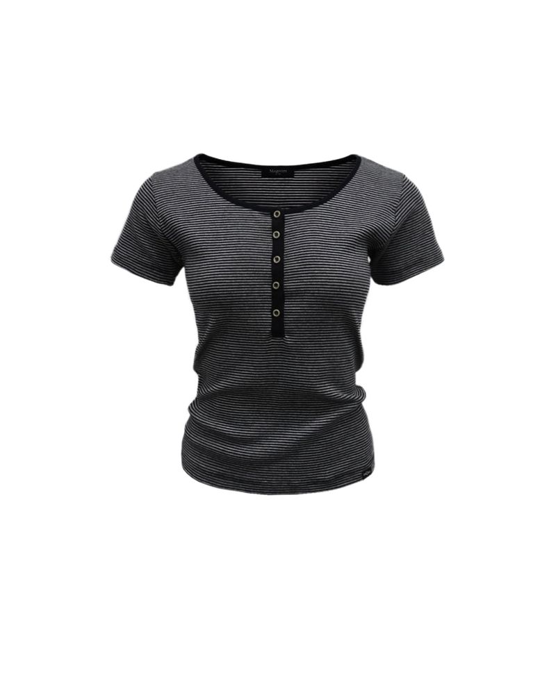 MagoRen SEOUL(マゴレン ソウル)の「Henley Neck T-Shirt Stripe Black(Tops)」