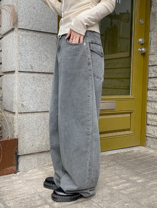 Back Flap Pocket Washed Wide Denim Pants (2color)