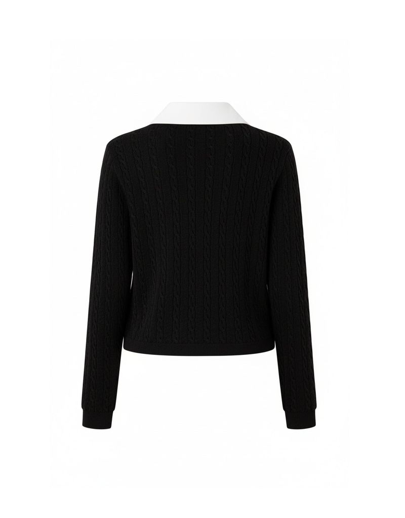 Elodie Silk Collar Cable Knit Cardigan Black