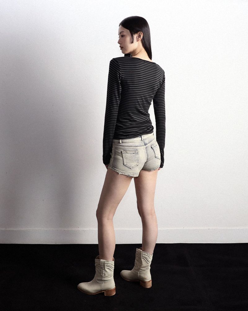 Henley Neck Long Sleeve Stripe Black