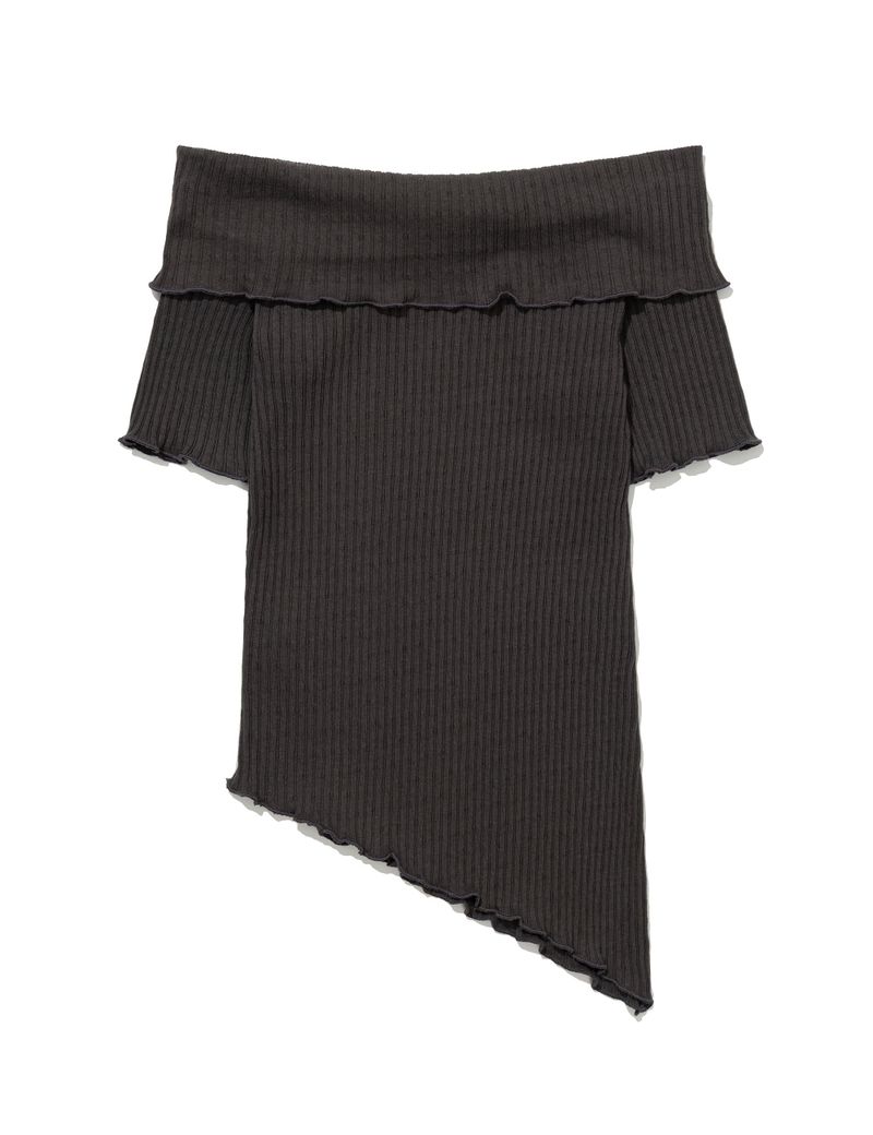 ASYMMETRIC RIB OFF-SHOULDER TEE(CHARCOAL)