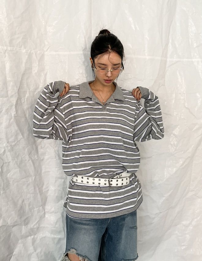 Twoin Stripe Rugby Collar Sweatshirt