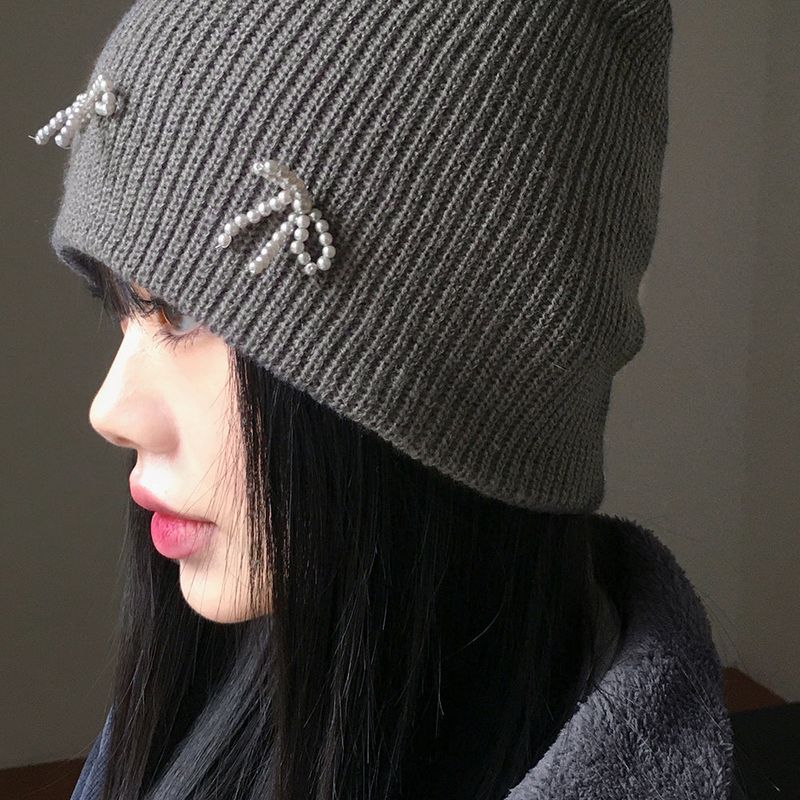 Monet beaded ribbon balletcore ribbed beanie hat