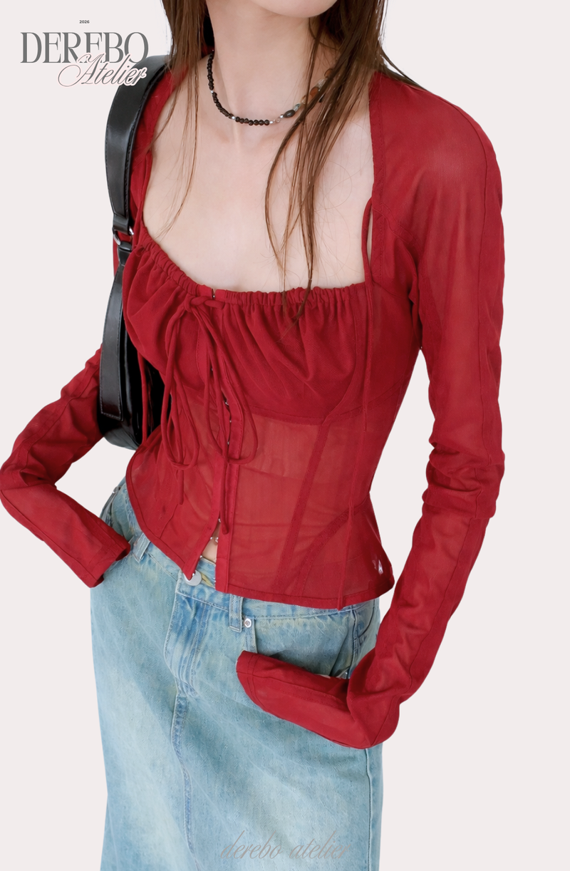 red square chiffon long-sleeve blouse