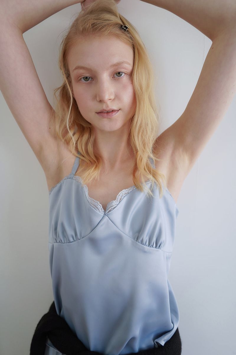 Satin lace top_skyblue