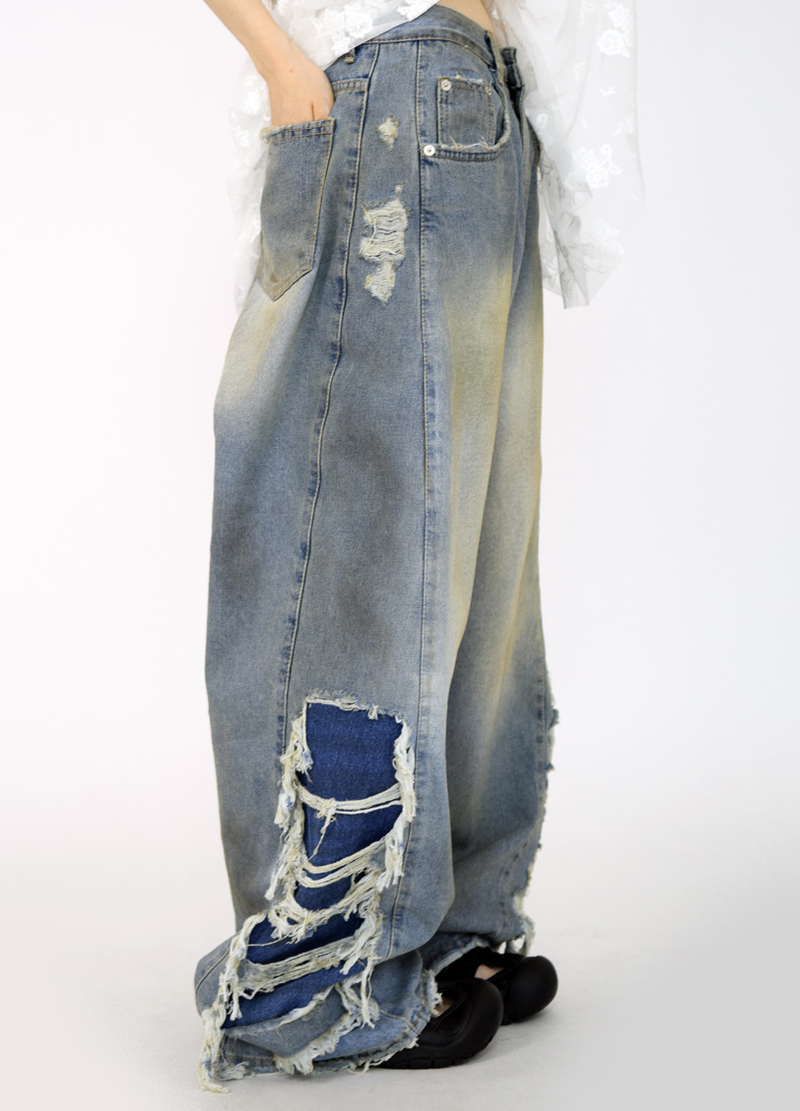 side dirty wide denim pants