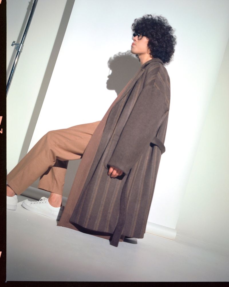 STRIPE COMBINATION WOOL ROBE COAT (Brown)