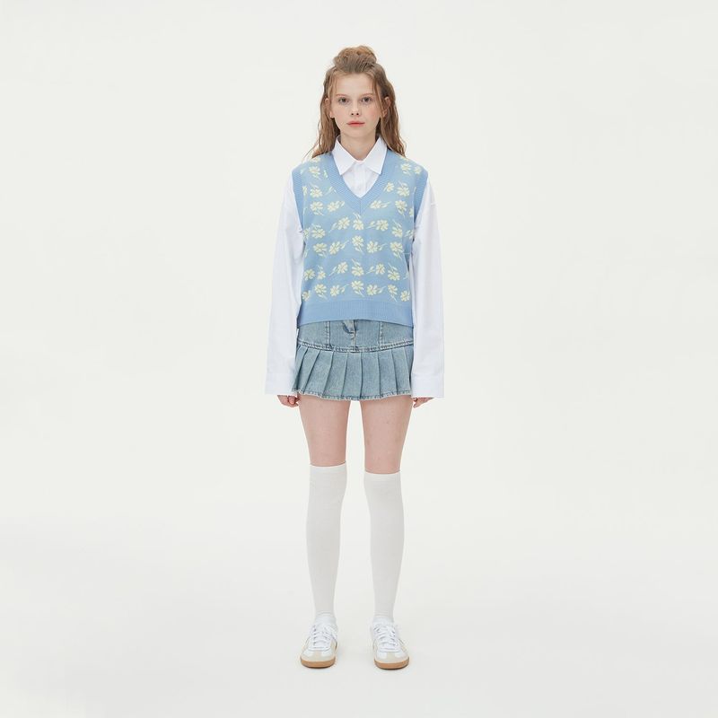 FLOWER JAQUARD KNIT VEST_SKY BLUE