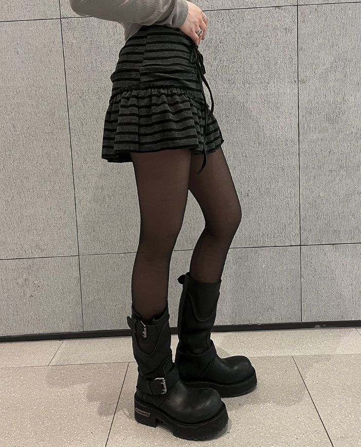 Ribbon string slit button stripe skirt