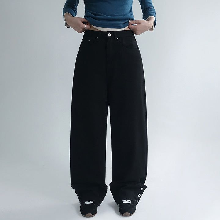 [Pied] Button Roll-Up Semi-Wide Cotton Pants - 2 color
