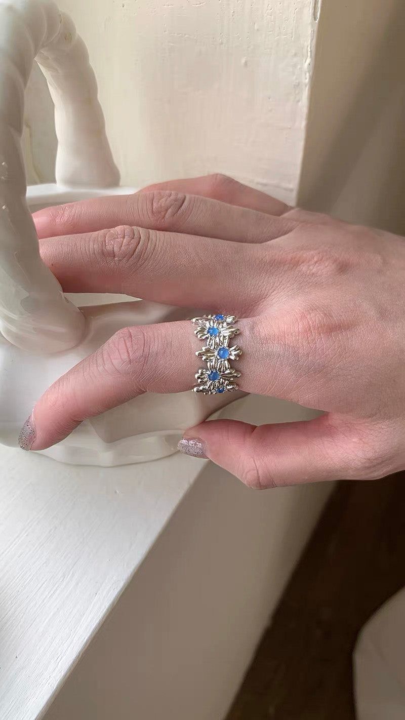 Blue flower silver open ring