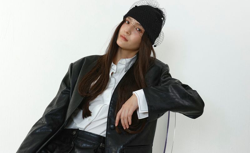 COLLARLESS CRACKED LEATHER JACKET_BLACK