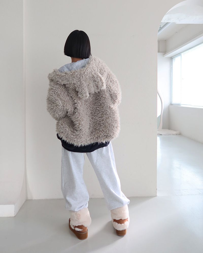 Rabbit ear hood zip-up soft fur jacket