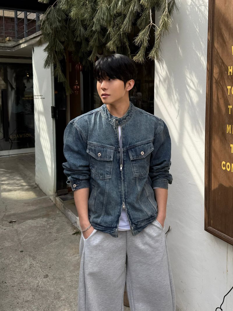 With denim biker jacket