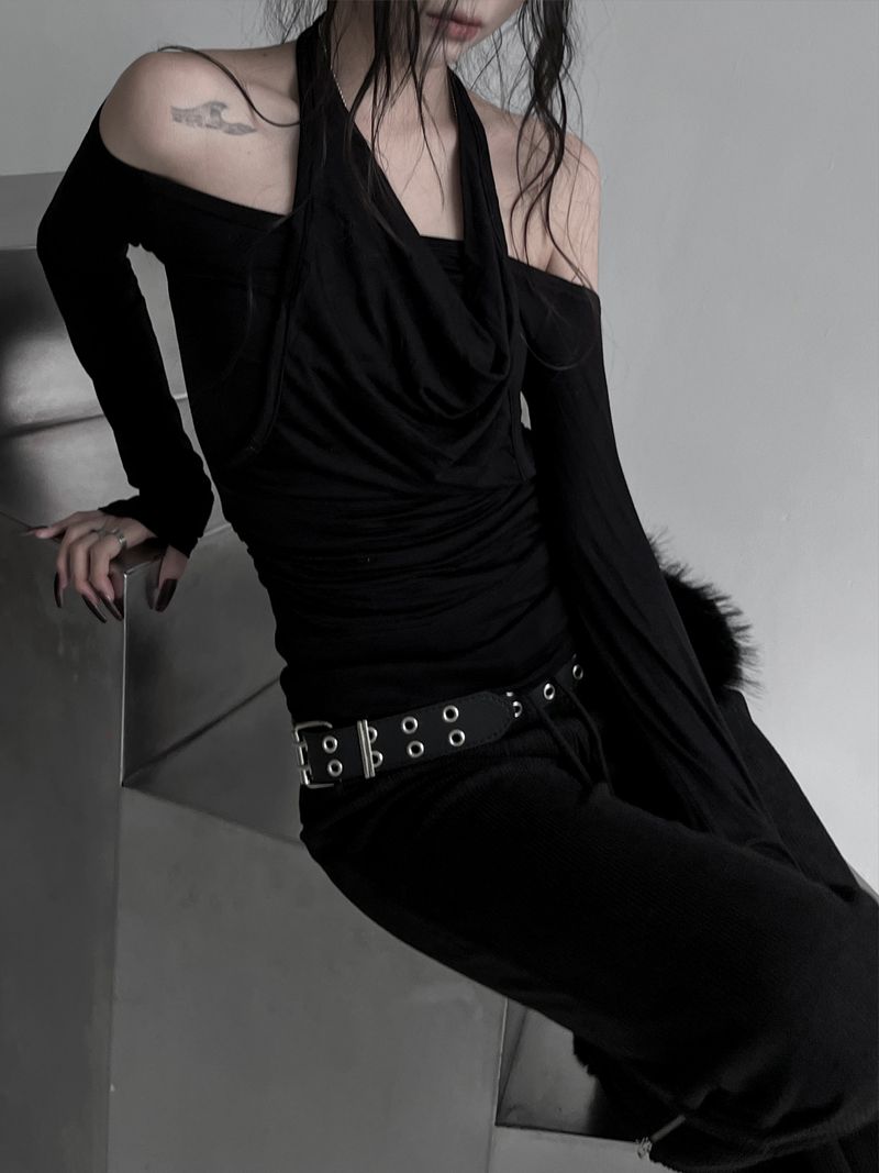 drape off-shoulder halter T (2color)