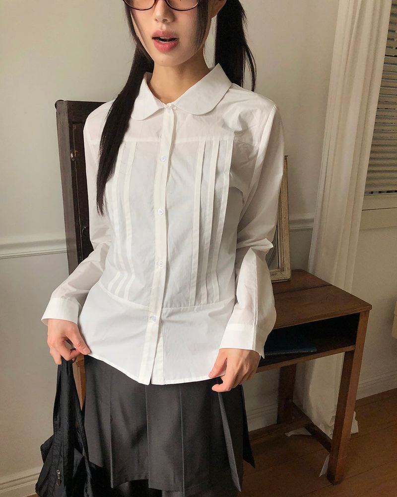 WONDER WONDER（ワンダーワンダー）の「[MADE] Hoopie pintuck button V-neck collar long-sleeve shirt（Tops）」